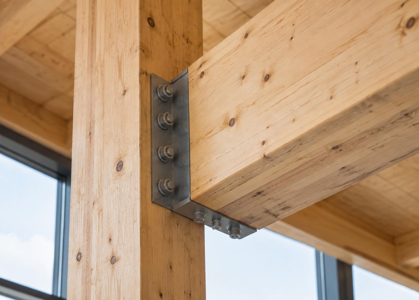 Detail van een houten kolom-ligger verbinding met stalen plaat en bouten